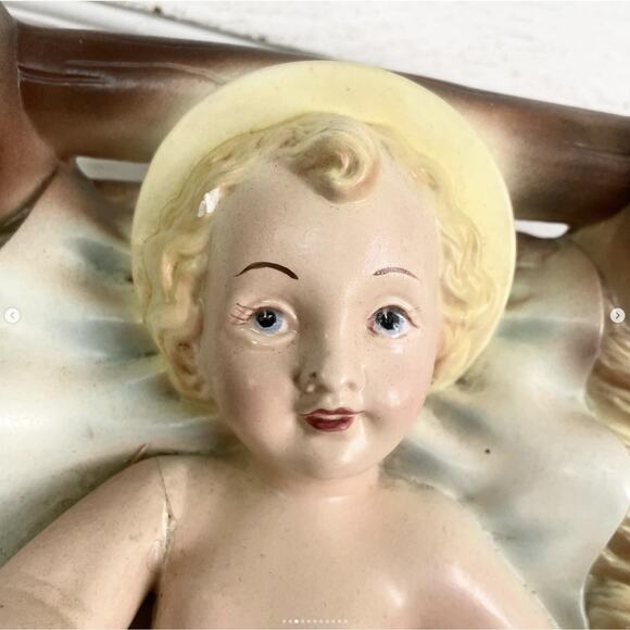 Vintage Baby Jesus Creche Statue Chippy Chalkware Nativity Figure XL REPAIRED - Picture 3 of 10